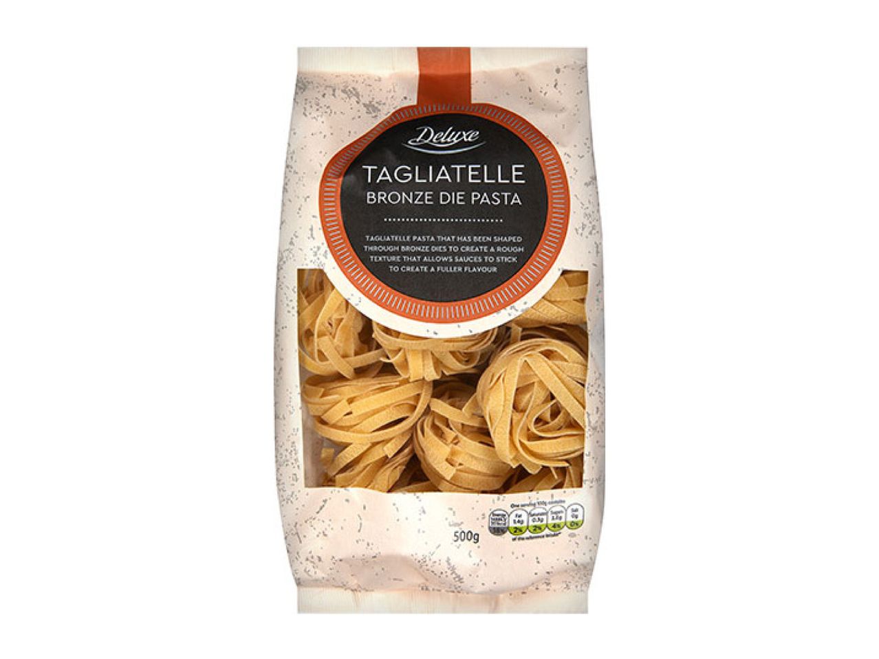 A bag of tagliatelle bronze die pasta, with a description of its rough texture for sauces.