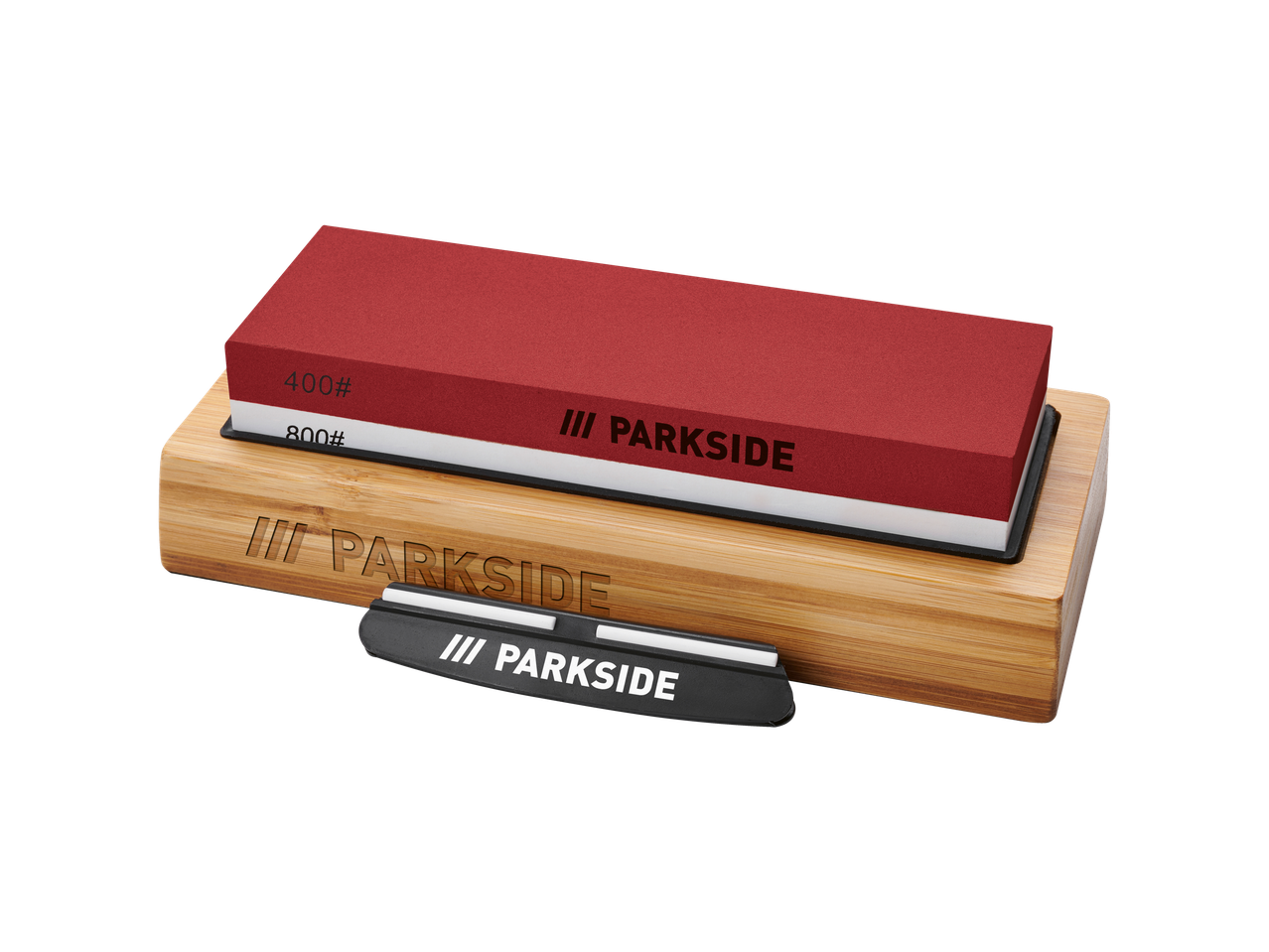 Parkside two-sided sharpening stone set with bamboo base and ceramic honing steel.