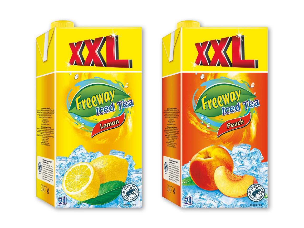 To XXL-kartoner iste, en med citron og en med fersken, begge med isterninger.