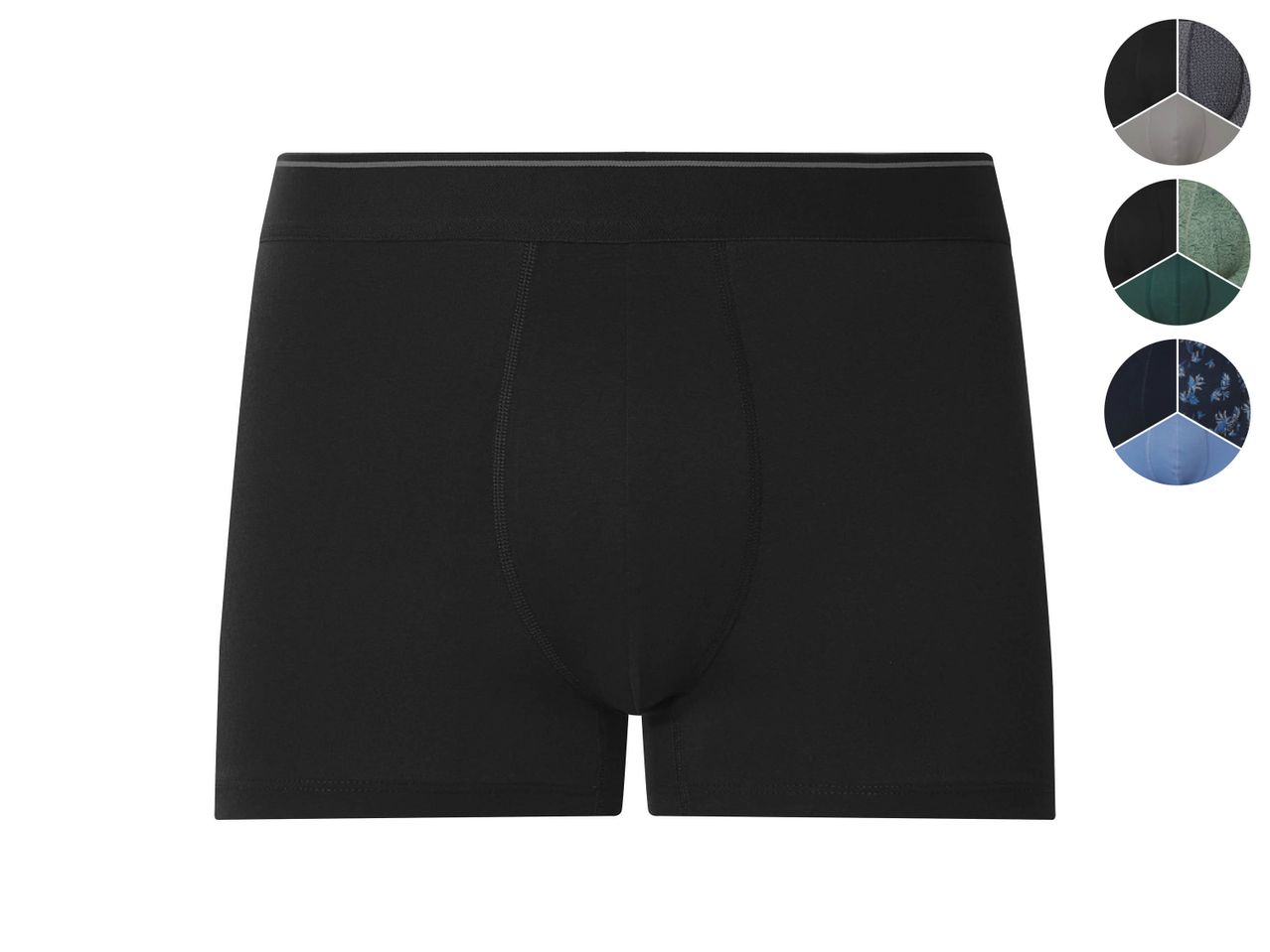 Boxer neri da uomo con elastico in vita grigio e campioni di tessuto in alto a destra.