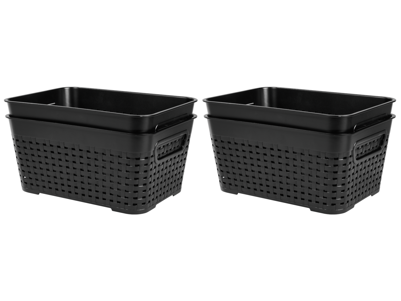 Duas cestas de plástico pretas W5 para arrumação com design de vime.