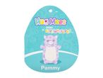 A blue and white tag for a plush toy, featuring a purple spotted pig named Pammy.