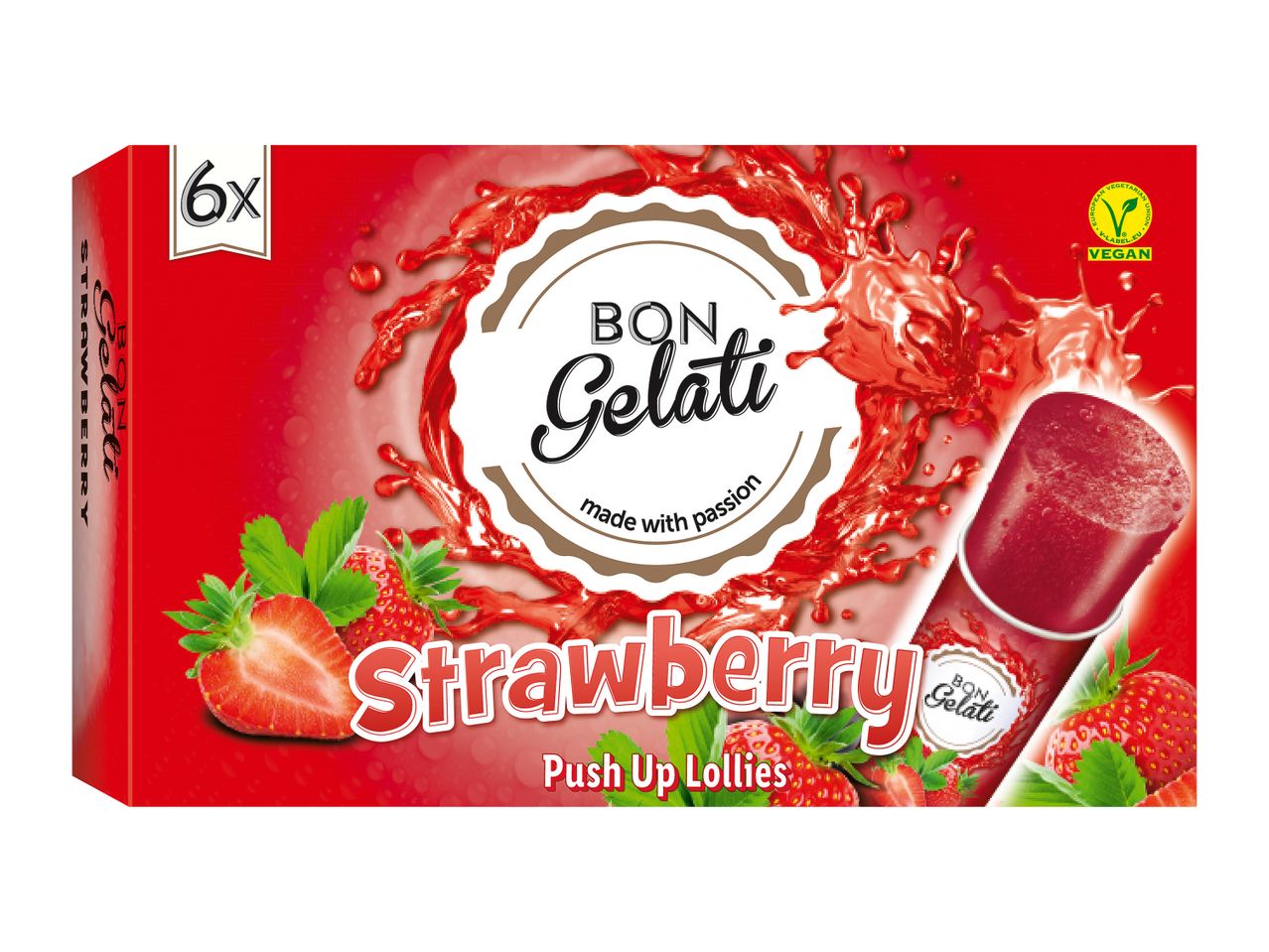 Škatla Bon Gelati Strawberry Push Up Lollies, 6 kosov, z oznako Vegan.