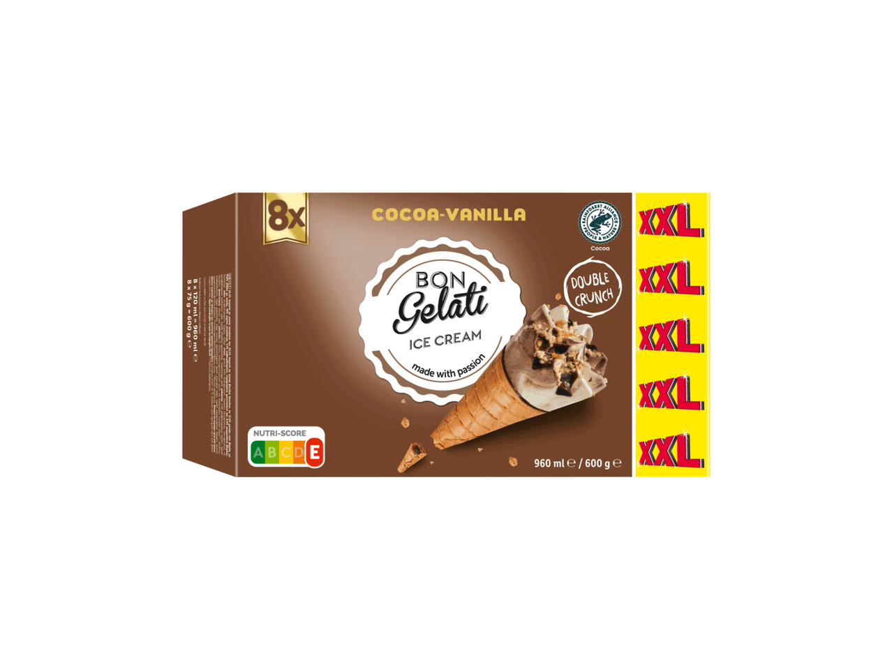 Kutija sladoleda sa ukusom kakao-vanile, sa natpisom „XXL“ i „Double Crunch“.