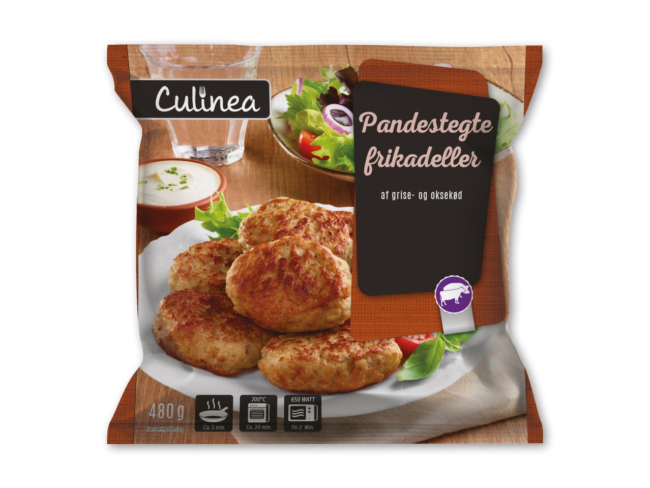 Pakket pandestegte frikadeller af grise- og oksekød fra Culinea.