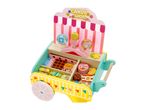 Wooden candy shop play cart with various sweets like chocolate, bubble gum, fruit candy, and lollipops.