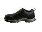 Black safety shoes with a rugged sole.