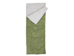Olive green sleeping bag with white lining.