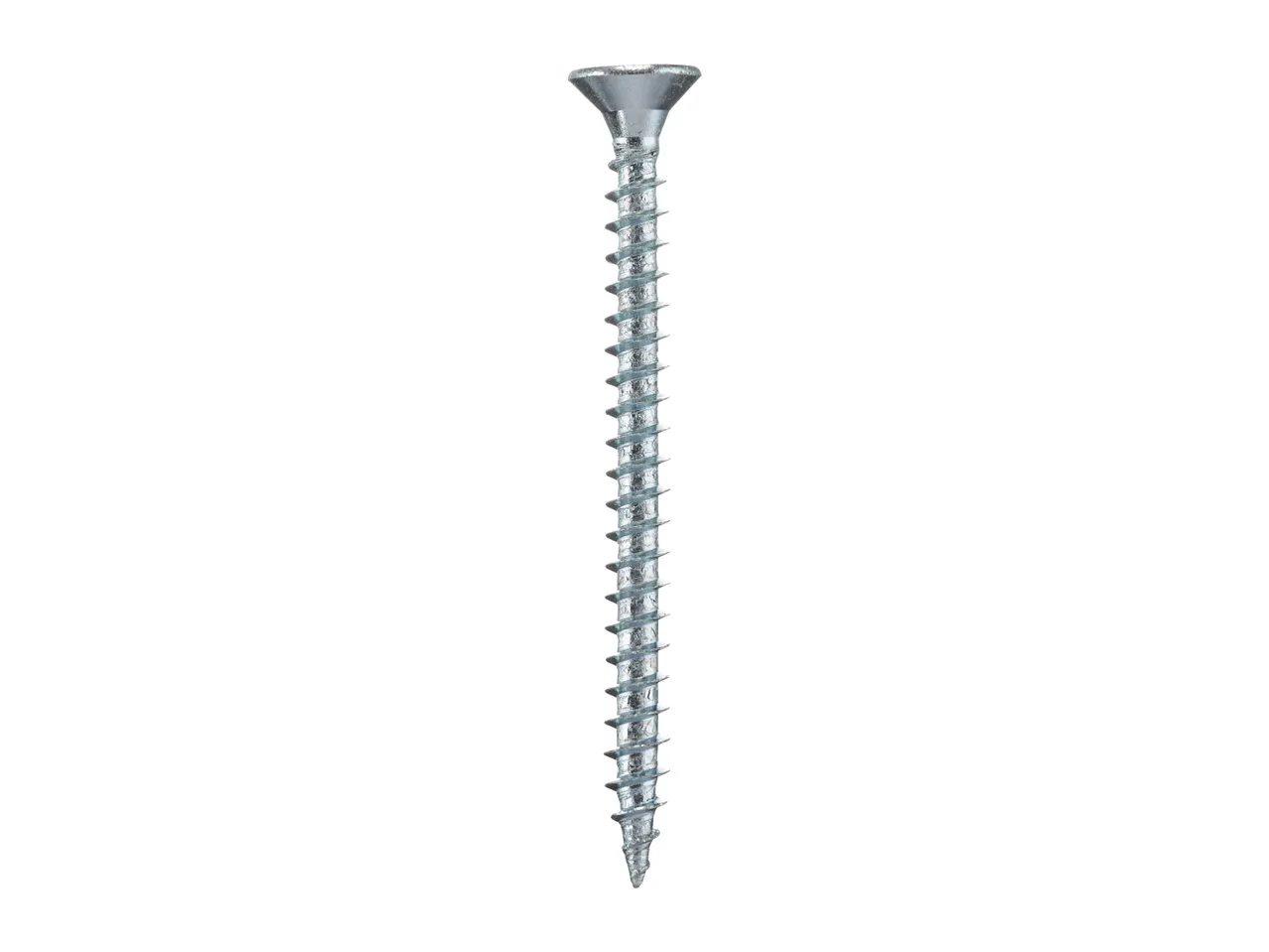 A single silver screw with a pointed tip and threaded shaft.