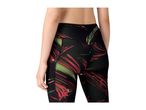Women's black leggings with red and green abstract patterns, seen from the back.