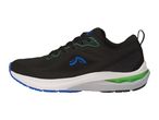 Black running shoe with blue and green accents