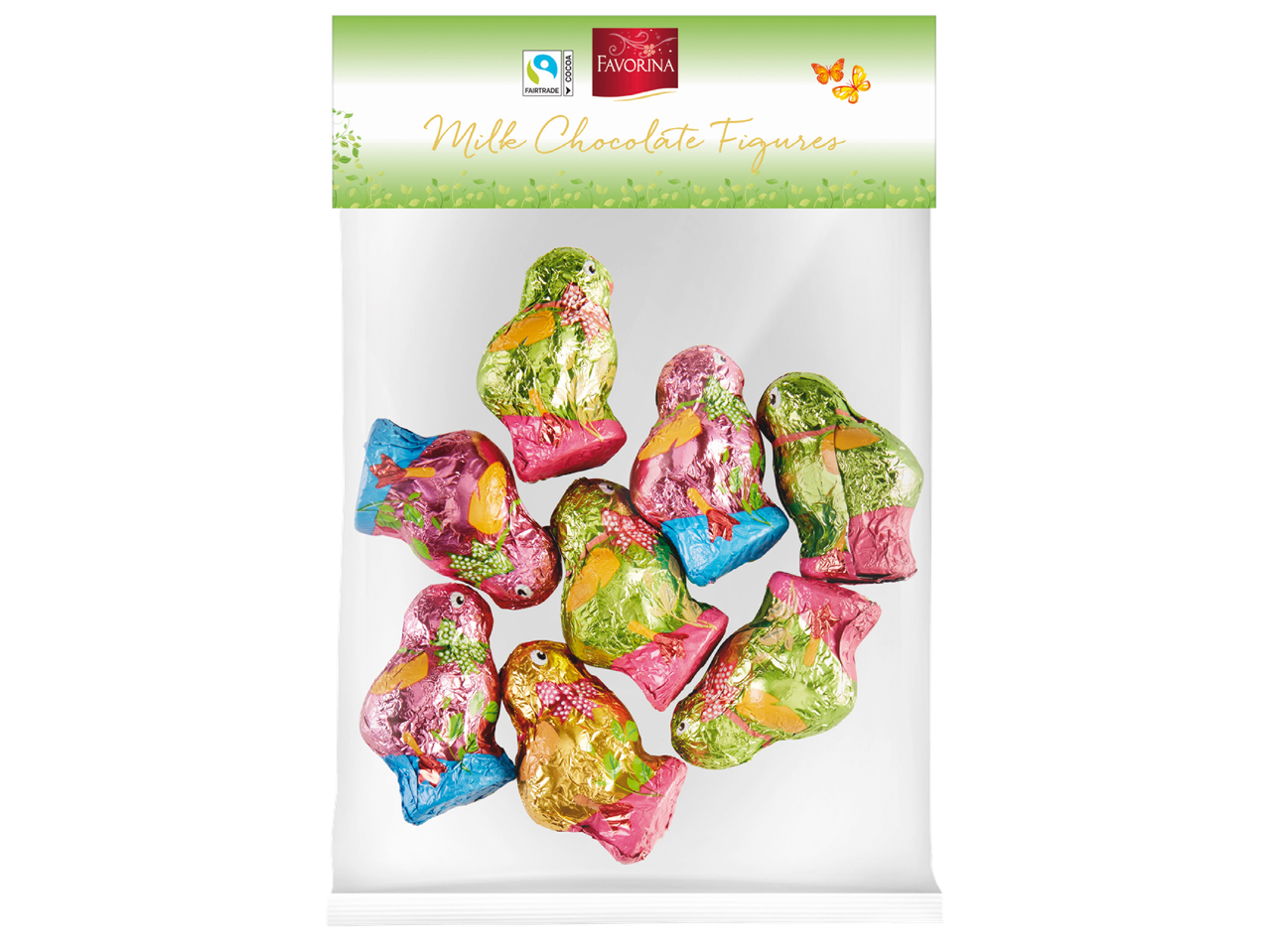 Опаковка с фигурки от млечен шоколад във формата на птици, увити в цветно фолио.