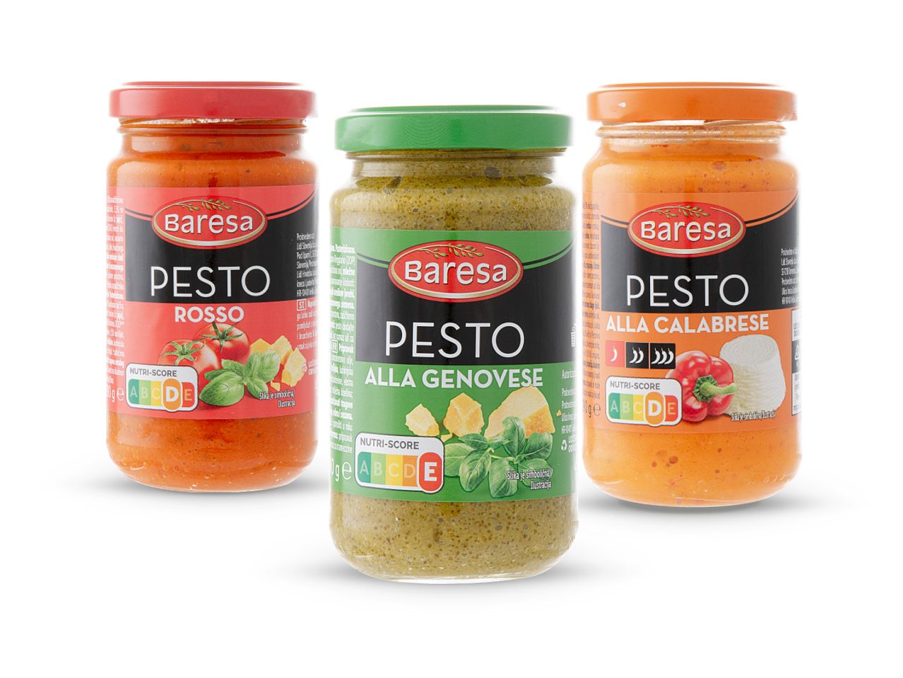 Tri staklenke Barilla pesta: roza, zelena i narančasta.