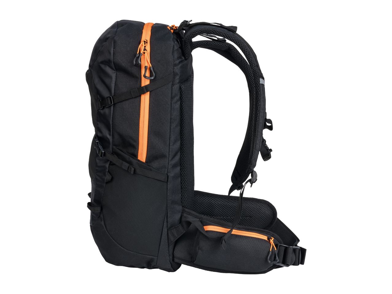 Black and orange hiking backpack with multiple compartments and adjustable straps.