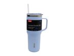 A light blue RTIC-style stainless steel travel mug with a handle and straw.