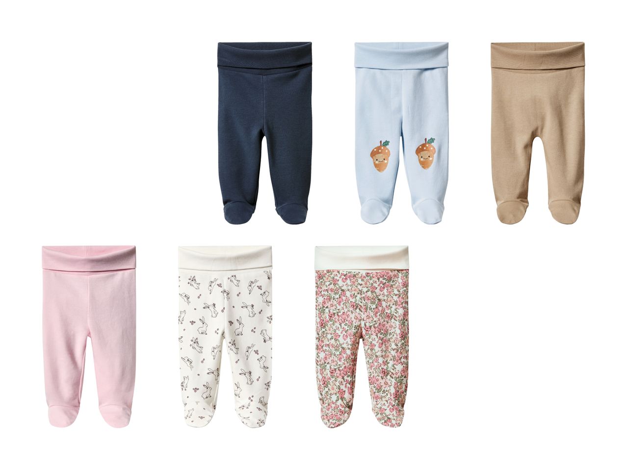 Sechs Baby-Leggings in verschiedenen Farben und Mustern.