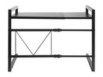 Black metal two-tier shelf unit.