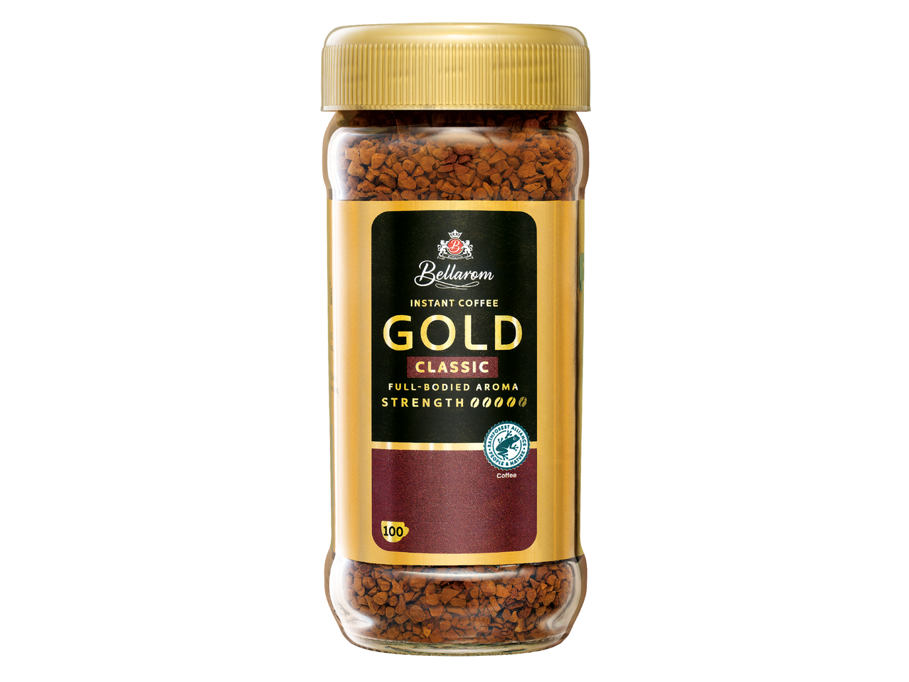 Стъклен буркан с разтворимо кафе със златист етикет, надпис „GOLD CLASSIC“ и логото на Rainforest Alliance.