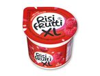 En rød og hvid Risifrutti XL-kop med hindbærsmag og et billede af hindbær.