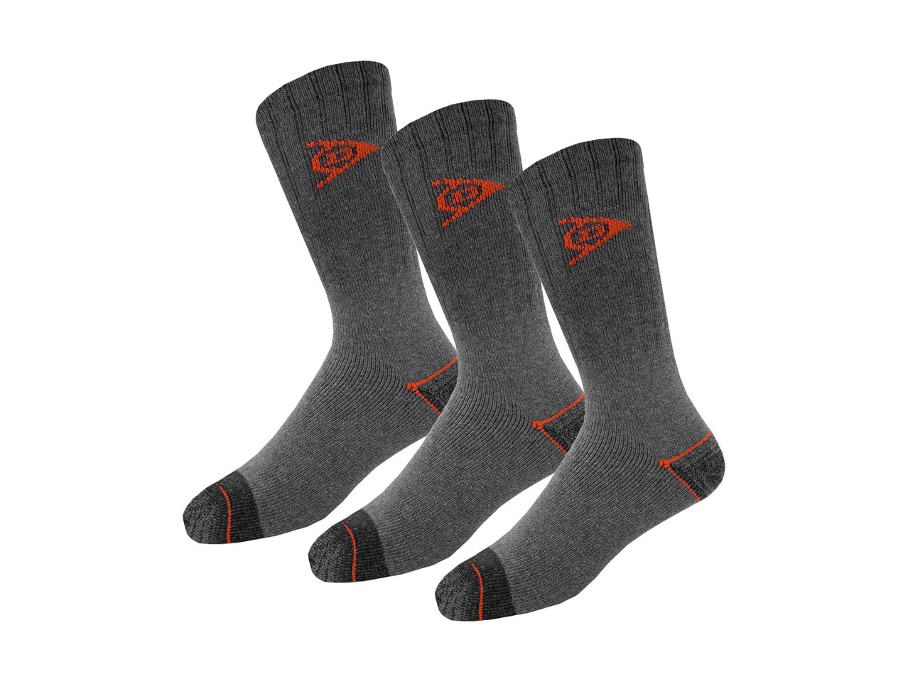 Tre par grå Dunlop-sokker med orange detaljer.