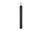 Black vertical power strip with six outlets and a red on/off switch.