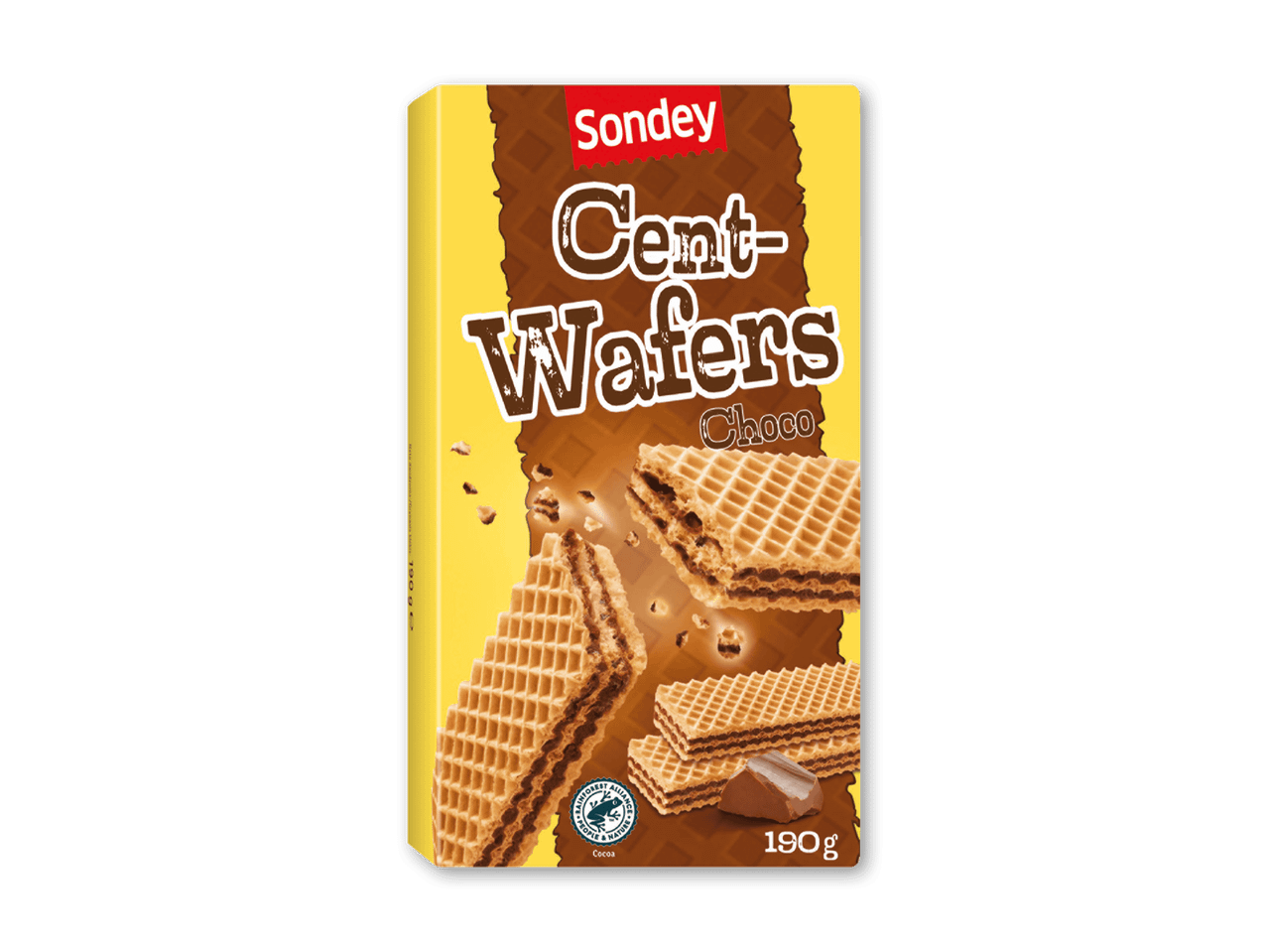 Pakke med chokoladevafler med teksten 'Cent-Wafers Choco' og 190g.