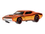 Orange Hot Wheels toy car with black stripes and red-rimmed wheels