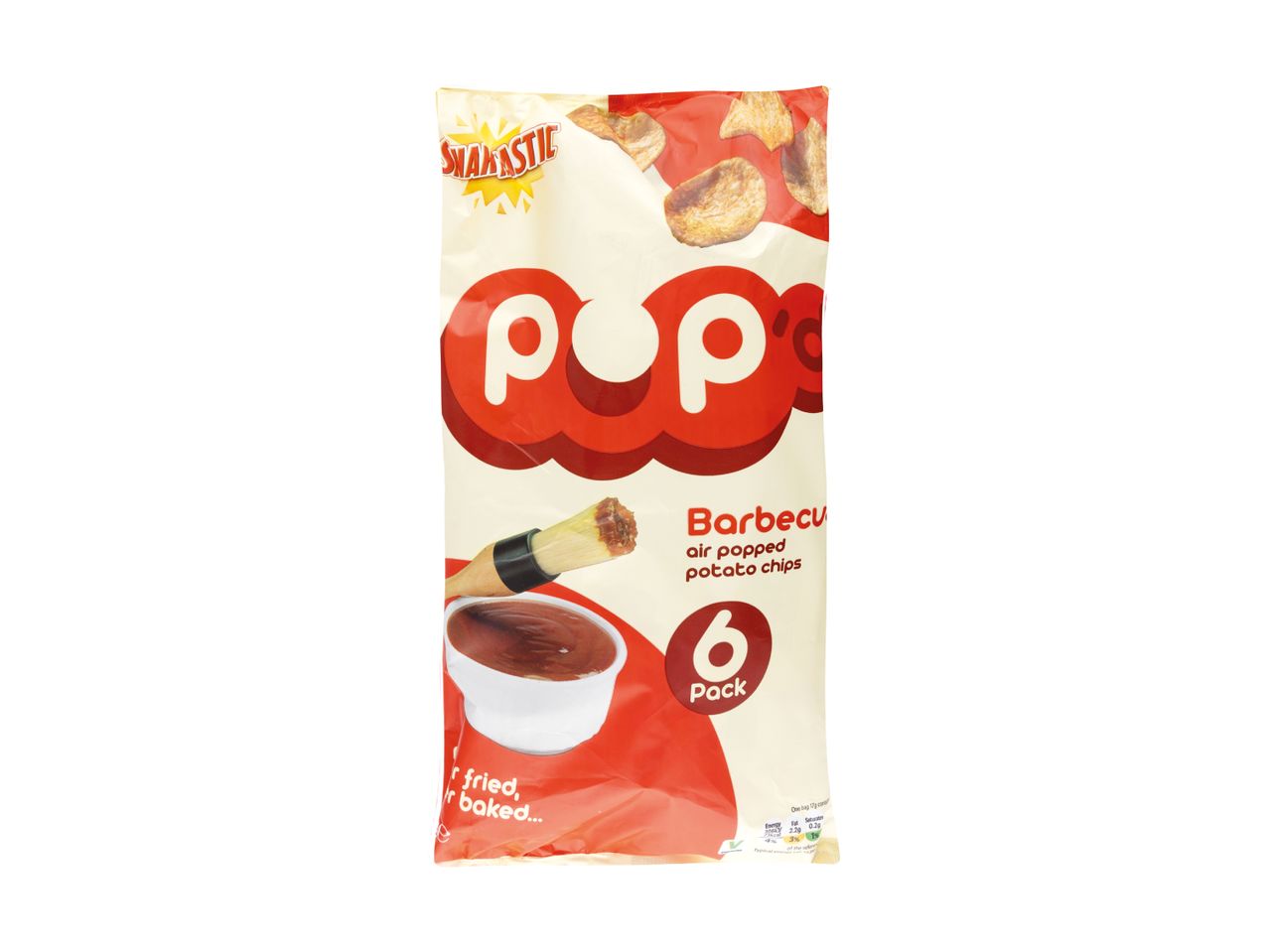 Barbecue air-popped potato chips in a 6-pack, with a bowl of sauce and a brush.
