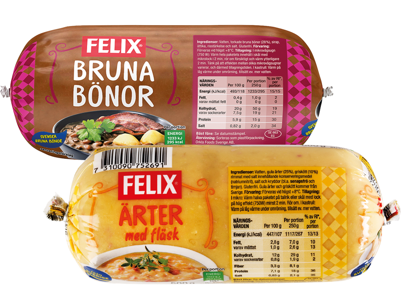 Två Felix-förpackningar: bruna bönor och ärtsoppa med fläsk.