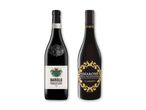 To flasker italiensk rødvin, en Barolo fra 2020 og en Amarone della Valpolicella Classico.