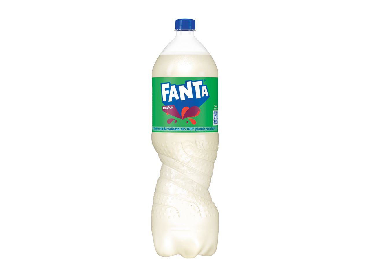 Sticla de Fanta Tropical, realizată din plastic 100% reciclat.