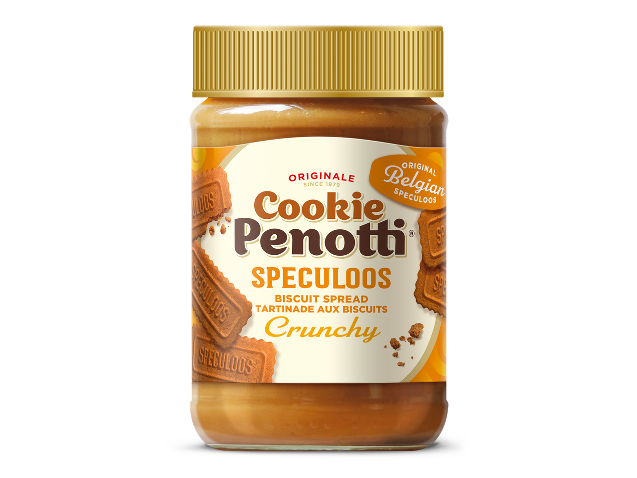 Pot speculoospasta met koekjes en de tekst 'Originale Belgian Speculoos' en 'Crunchy'.