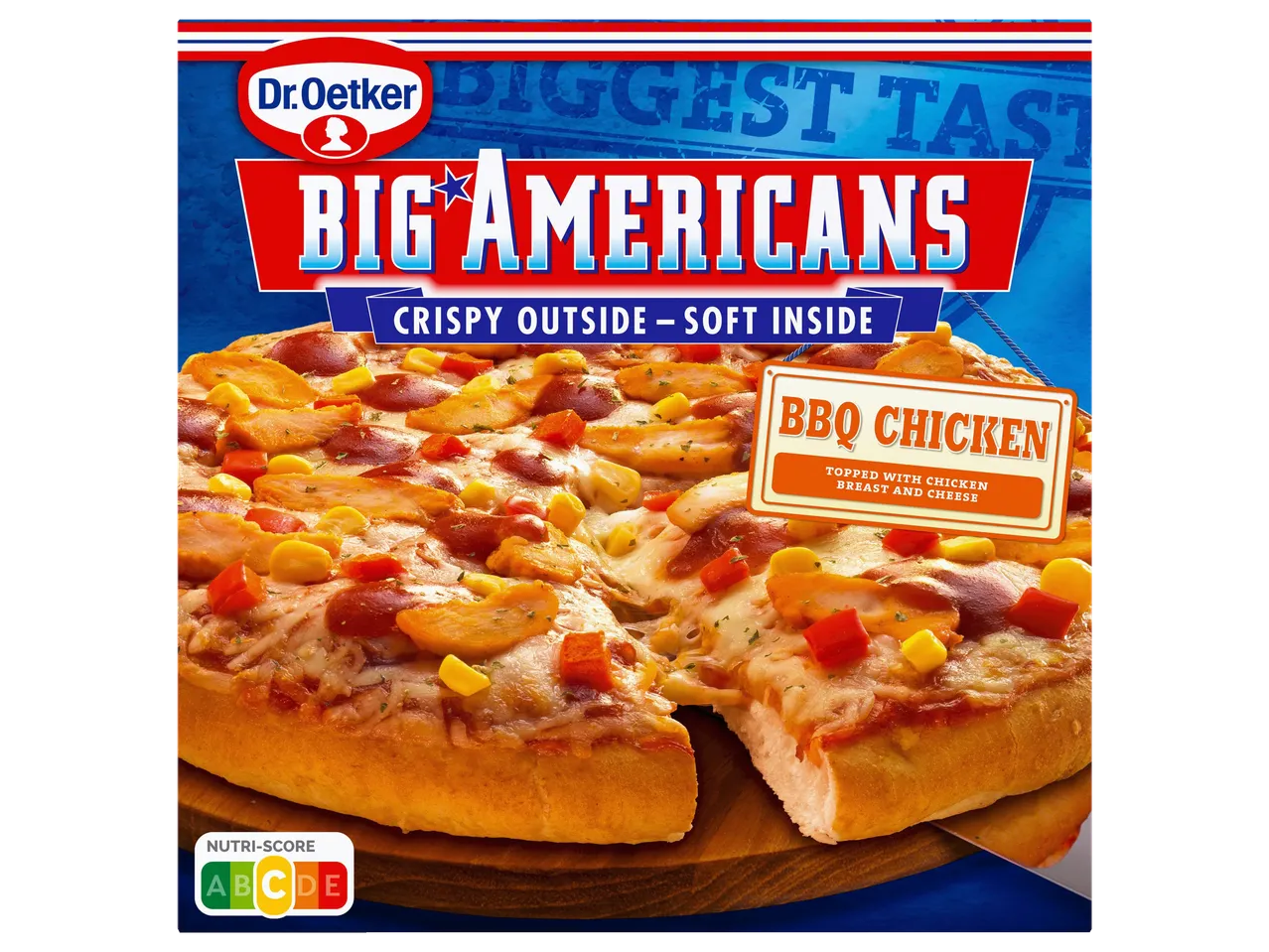 Dr. Oetker Big Americans pizza's met BBQ kip: knapperig buitenkant, zacht binnenkant.