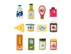 A collection of toy food items, including milk, olive oil, ketchup, juice, cheese, yogurt, chocolate spread, pasta, rice, pesto, and strawberry jam.