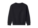 Black crew neck sweatshirt with ribbed cuffs and hem, laid flat.