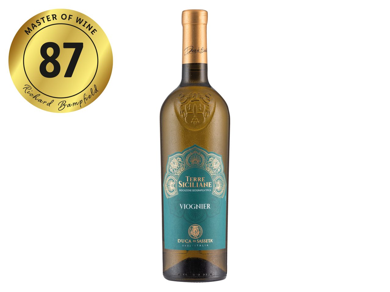 Terre Siciliane Viognier white wine bottle with a gold Master of Wine 87-point rating