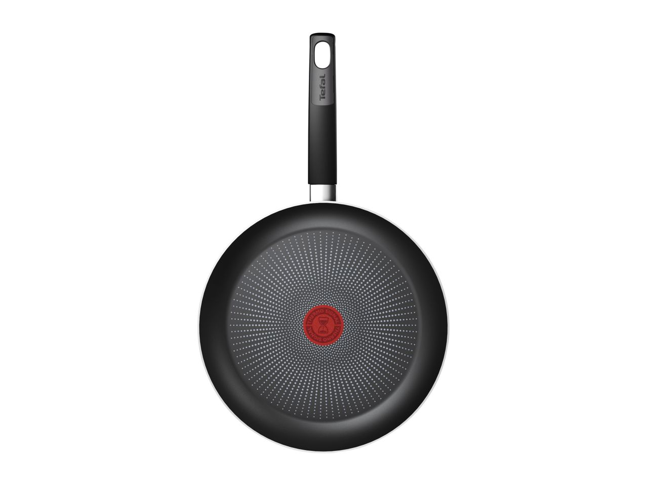 A black Tefal frying pan with a red heat indicator.