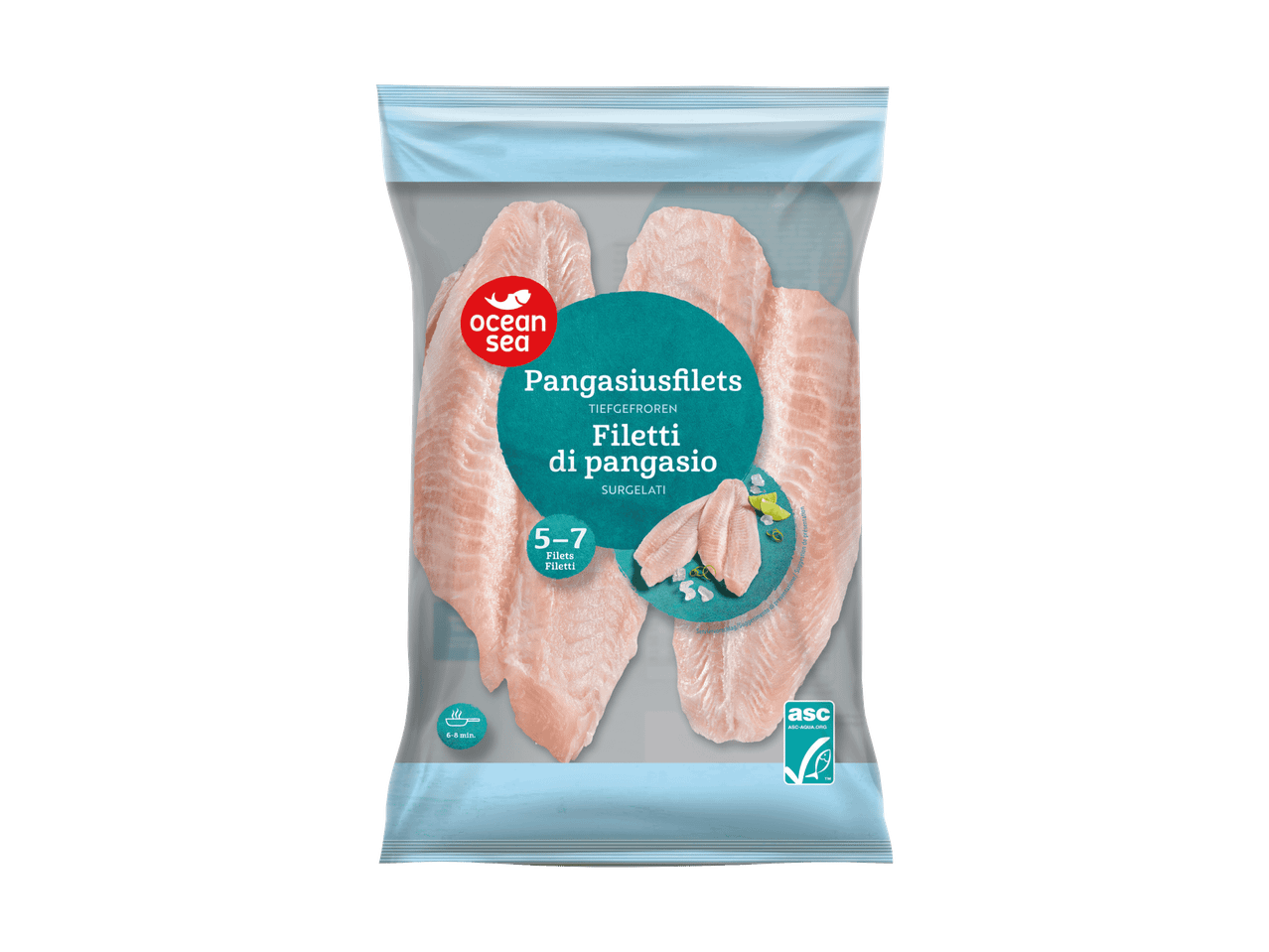 Beutel mit tiefgekühlten Pangasiusfilets, mit Kochinformationen und Zertifizierung.