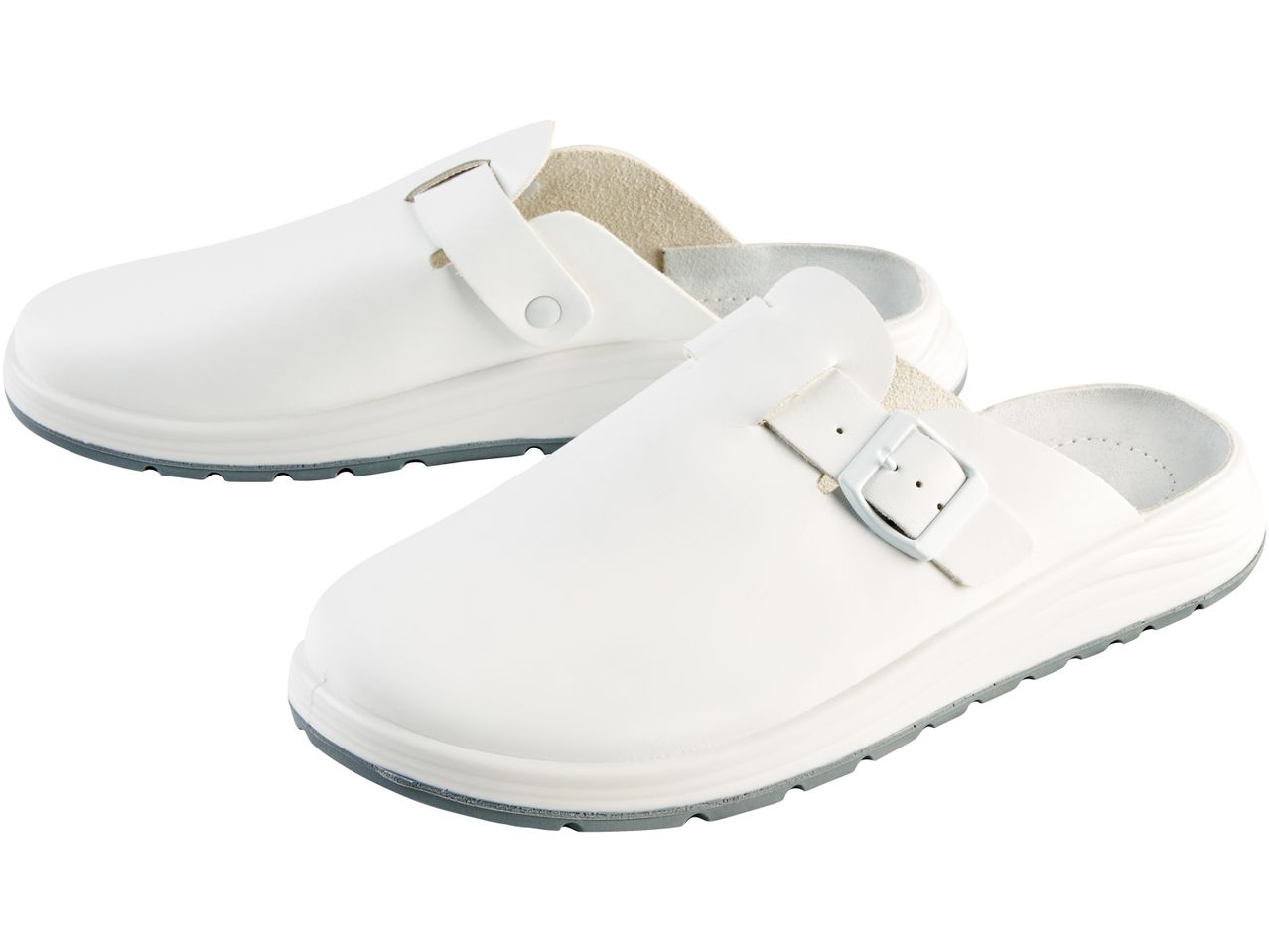 Two white Work Leather Clogs with adjustable straps and buckles.