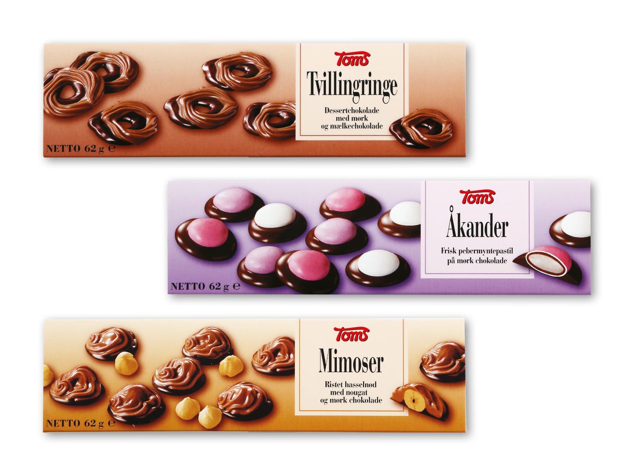 Tre pakker dessertchokolade: Tvillingringe, Åkander og Mimoser, alle 62g.