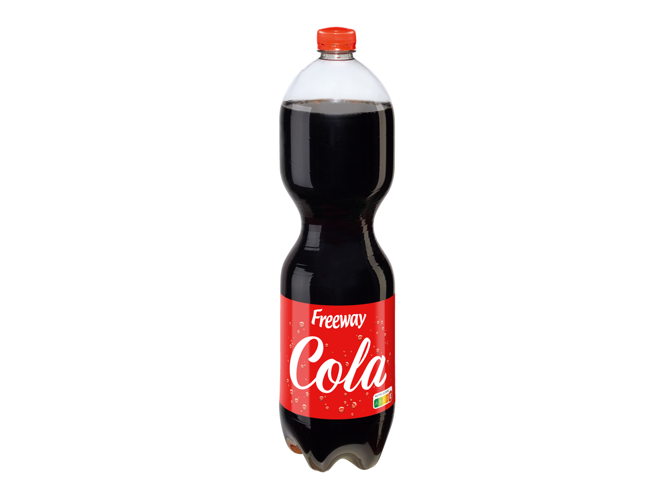 Eine große Plastikflasche Freeway Cola vor schwarzem Hintergrund.