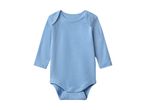 Light blue long-sleeved baby bodysuit with snap fasteners.