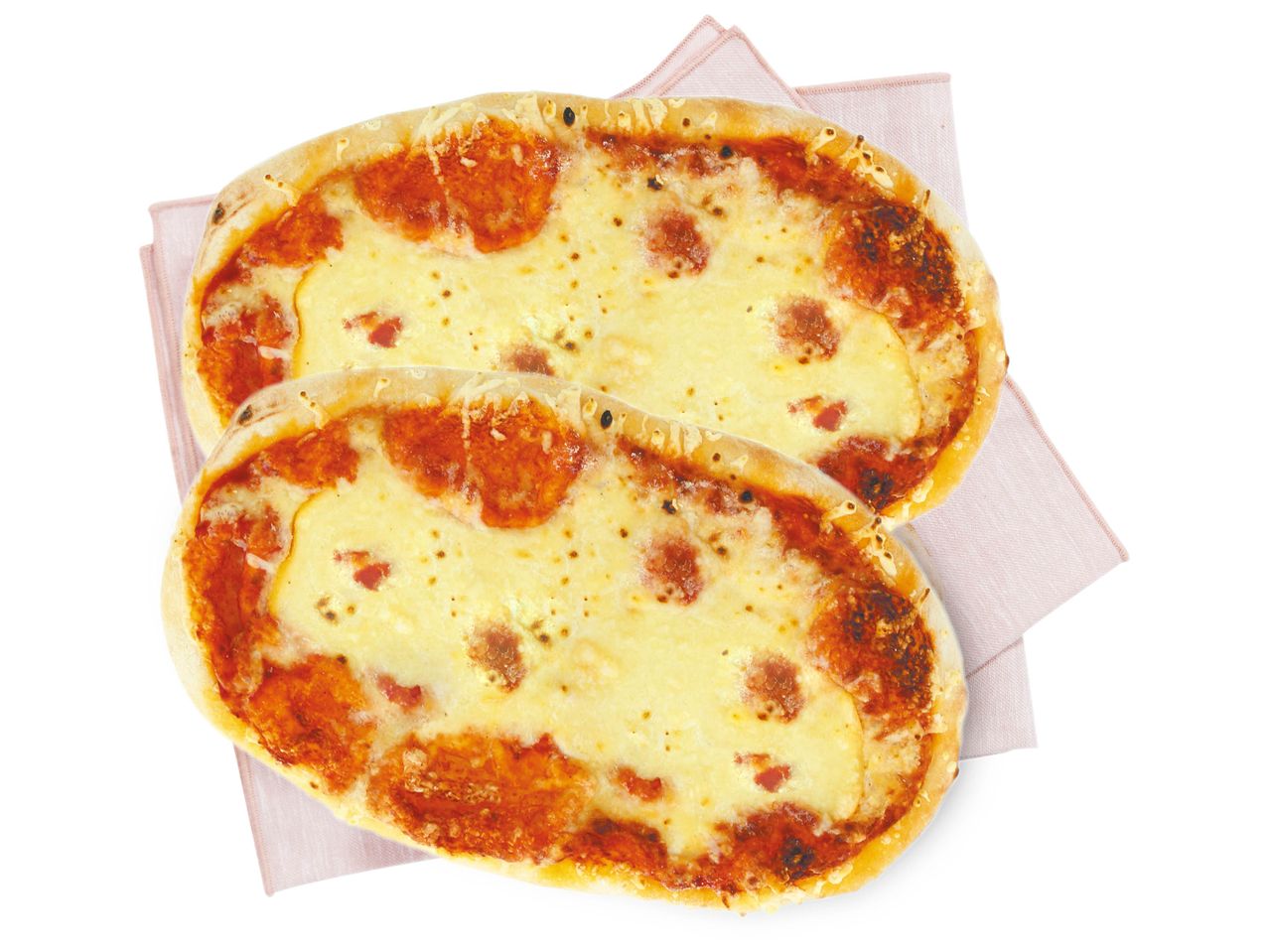 Deux mini-pizzas au fromage et à la sauce tomate sur une serviette rose.