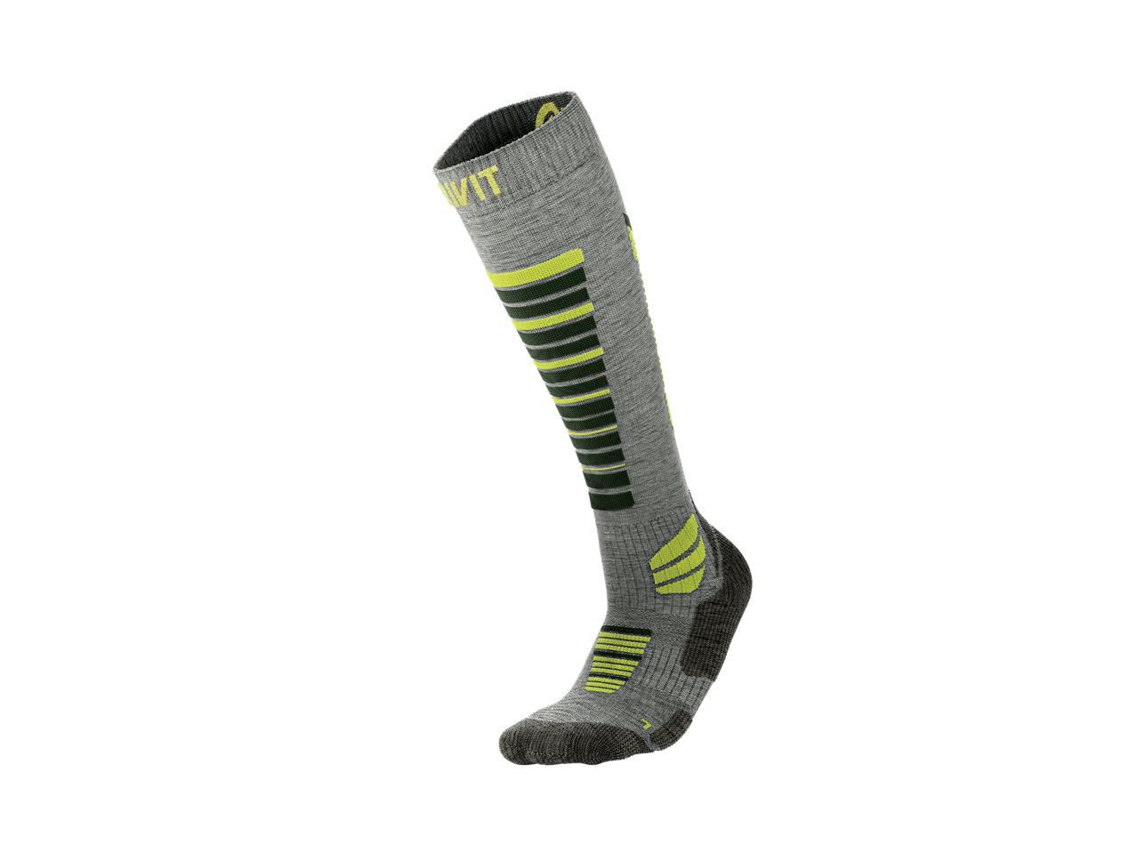 CRIVIT Kids' Premium Winter Sports Socks in grey with neon yellow and dark green stripes.