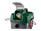 Wet and dry vacuum cleaner with an open lid, showing a battery compartment with a yellow X.