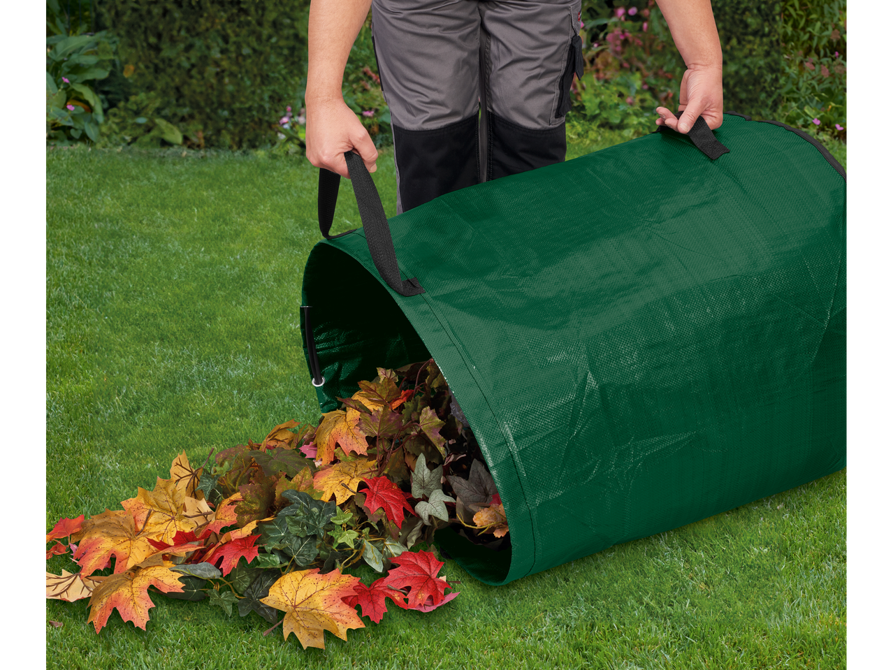 A gardener empties a green garden bag full of autumn leaves.