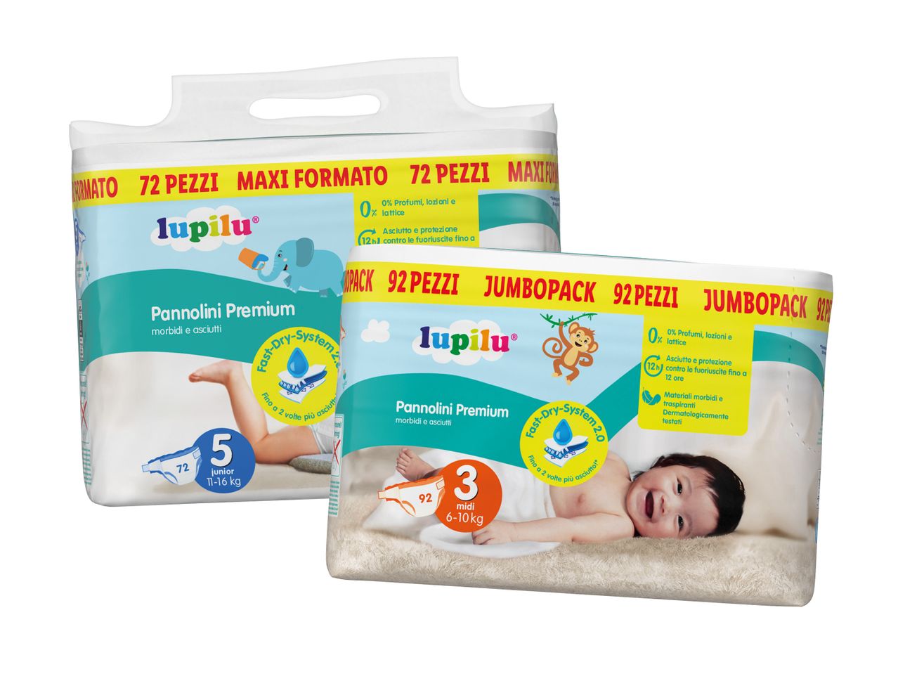 Due confezioni di pannolini Lupilu Premium, una da 72 pezzi per bambini di 11-16 kg e una da 92 pezzi per bambini di 6-10 kg.