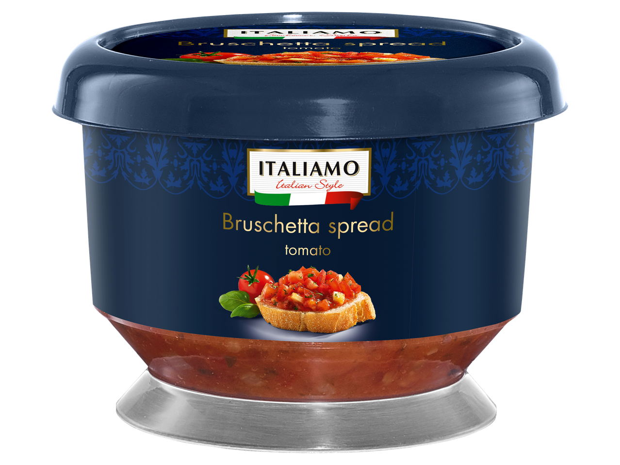Paradicsomos bruschetta krém kék színű tégelyben.