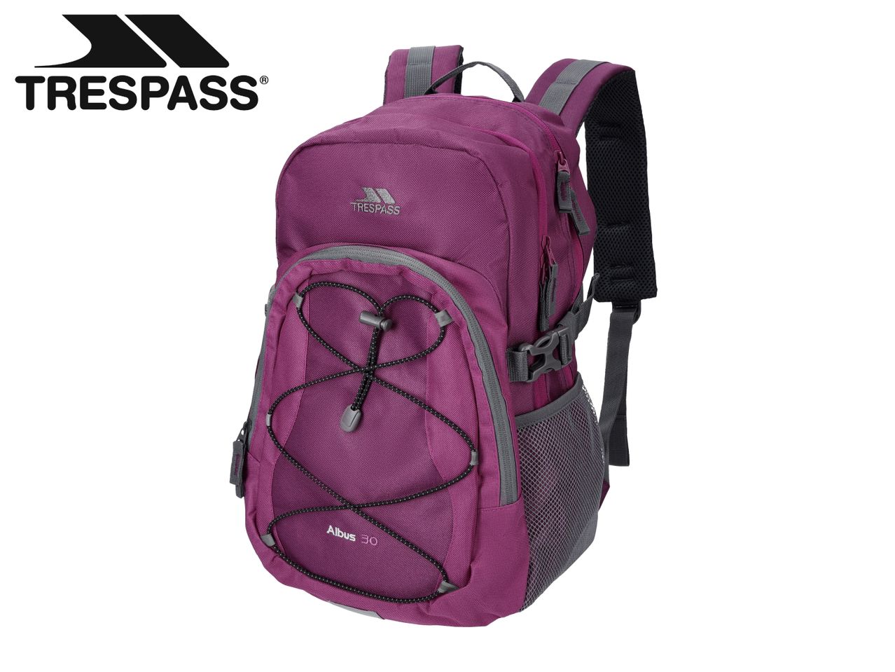 Trespass Albus 30 purple backpack with grey accents.