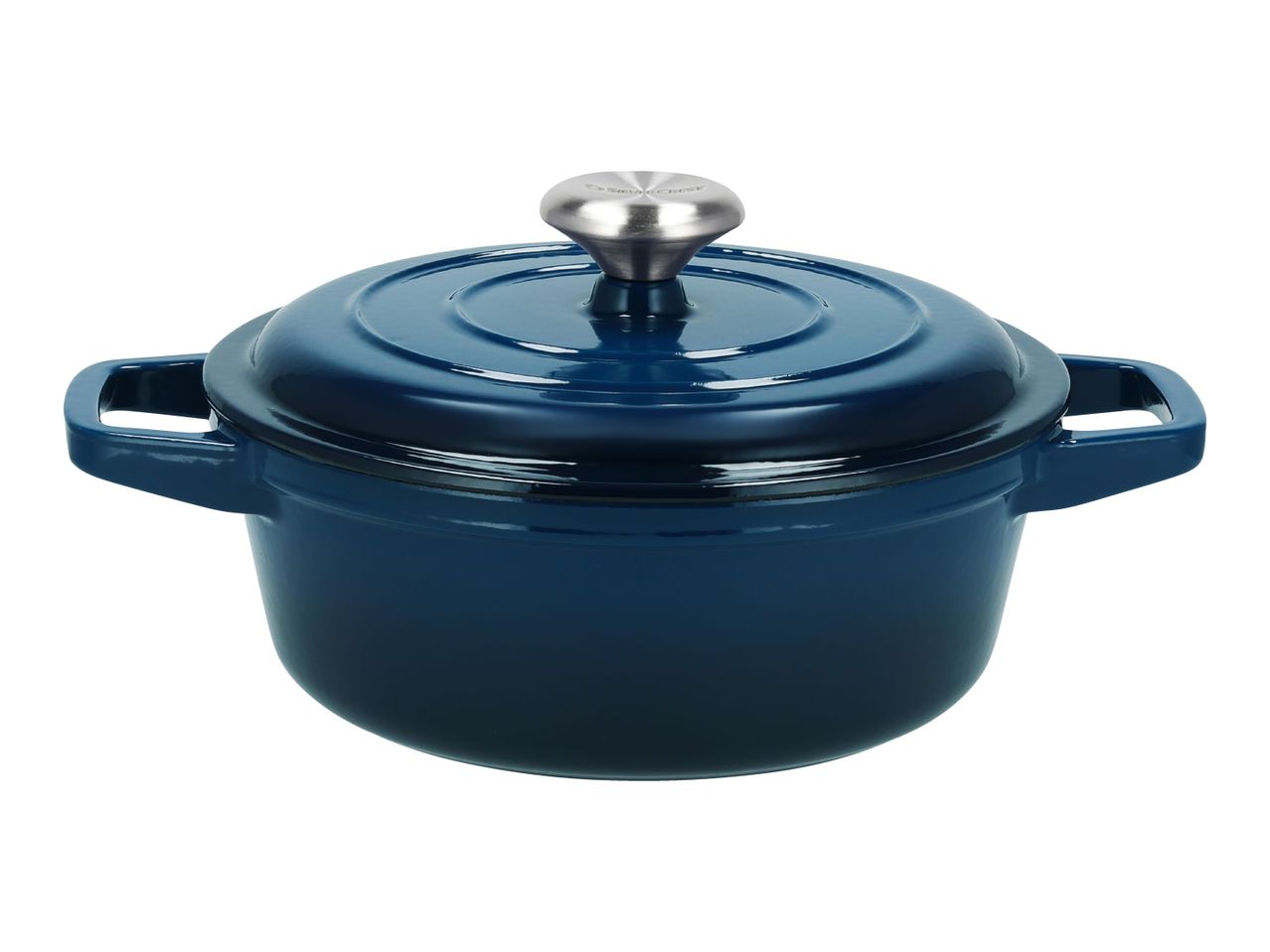 Dark blue enameled cast iron Dutch oven with a silver knob on the lid.